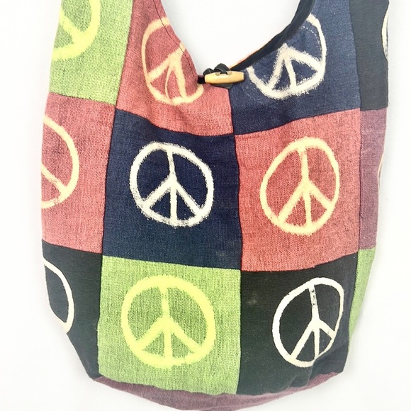 ☮️ Peace Signs Boho Patchwork Style Boho Hobo Hippie Festival Crossbody Bag - Picture 6 of 10